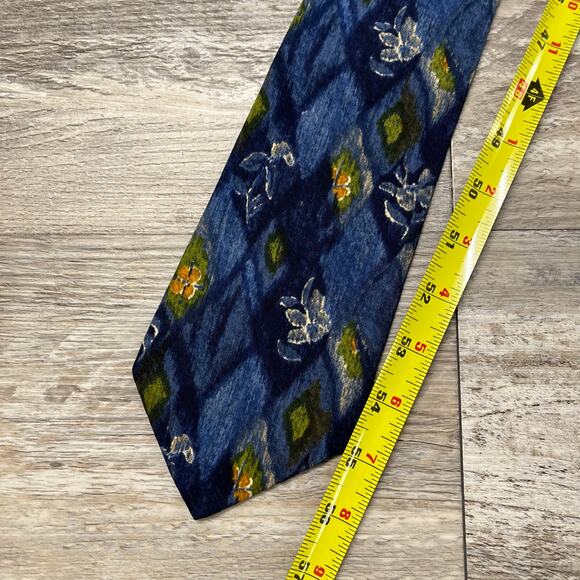 Hugo Boss Yellow Blue Abstract Diamond Floral Mens 57" Silk Necktie Italy EUC - Picture 3 of 6